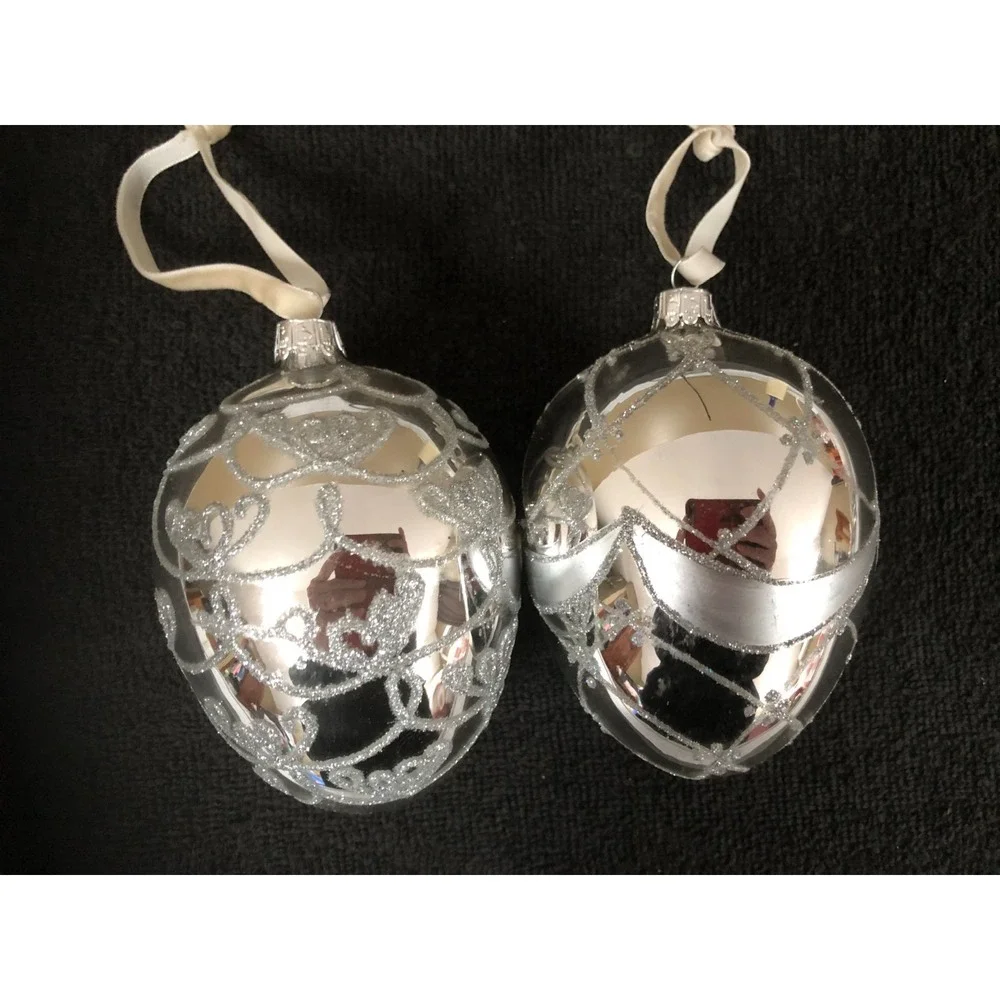 2 ~Vtg Mercury Glass Christmas Ornament Silver Glitter 